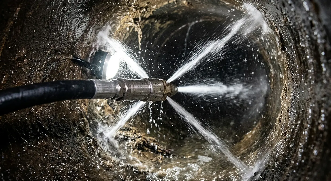 High-pressure hydro jetting nozzle cleaning sewer pipe for Trenchless Sewer Repair in Newberg