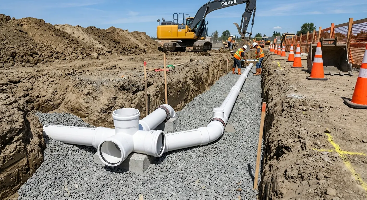 New PVC sewer pipe installation in open trench for Commercial Drain Cleaning in Newberg