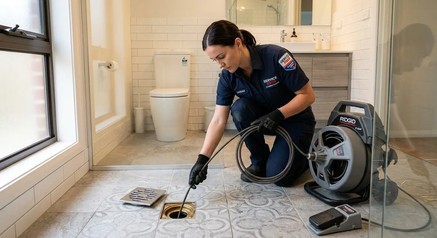 Technician clearing a bathroom floor drain for Drain Cleaning in Newberg